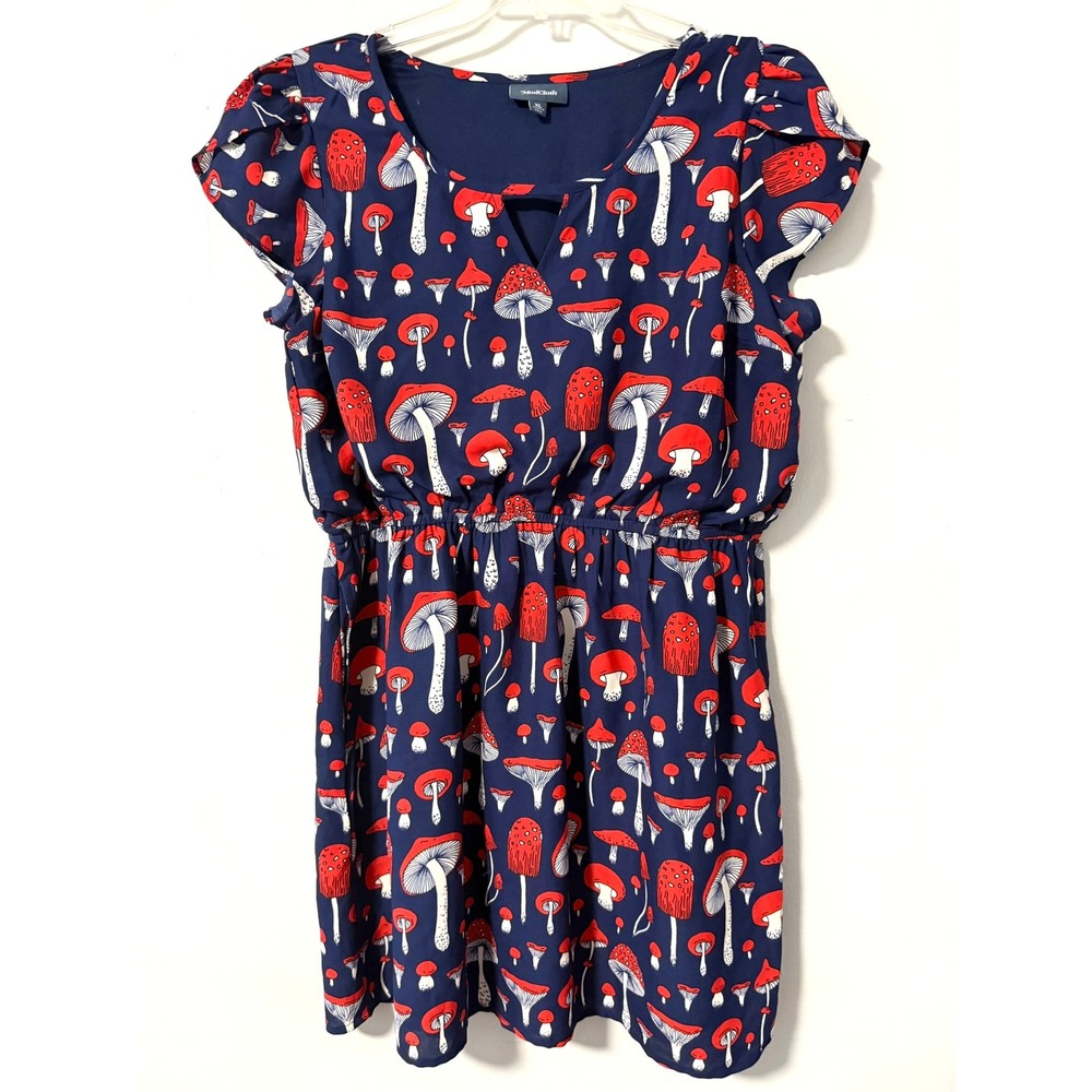 ModCloth Mushroom Print Flutter Sleeve Elastic Waist Dress Navy Blue Red XL
